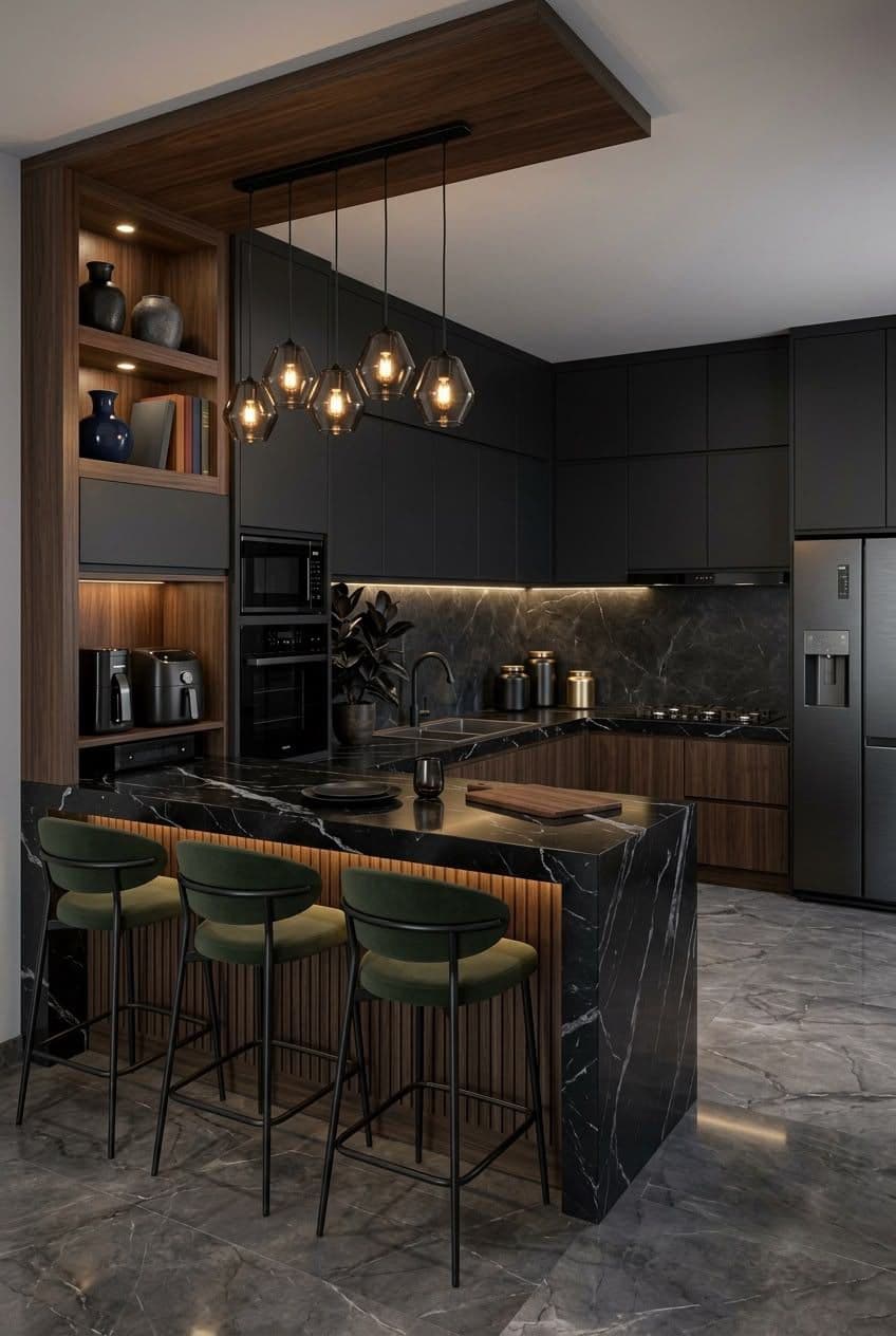 Dark Marble Bar Kitchen