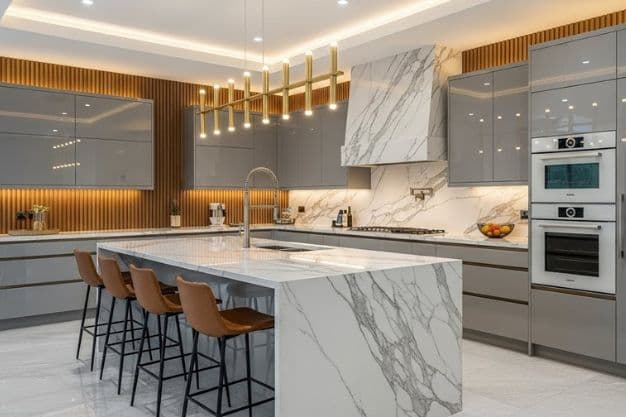 Gloss Grey & Marble Kitchen