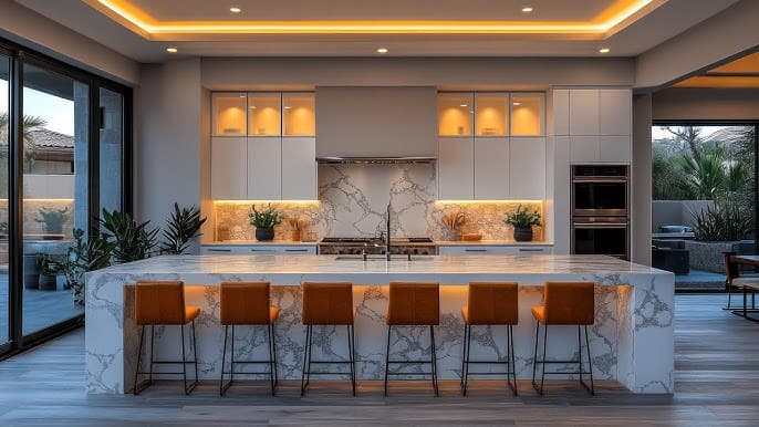 Marble Waterfall Island Kitchen